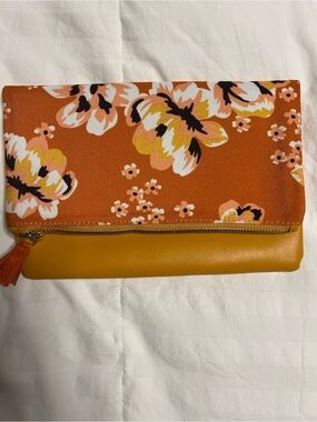 Rachel Pally Orange Floral Fold-Over Clutch with Mustard Base